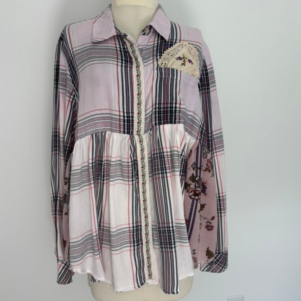 Upcycled Reimagined Boho Floral Plaid Flannel blouse